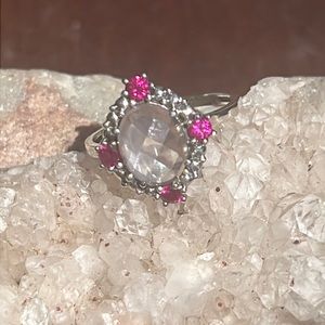 FACETED ROSE QUARTZ & GARNET 925 STERLING SILVER RING, SIZE 8.5